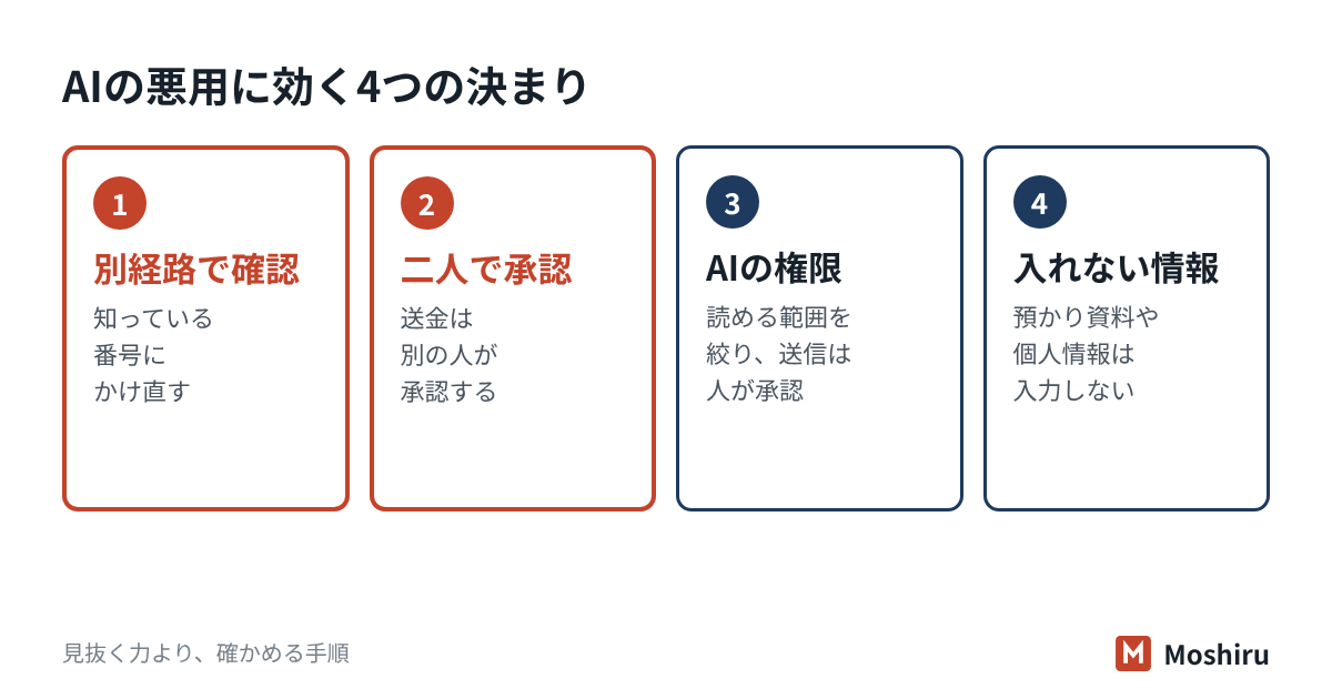 ディープフェイクは別経路の確認と二人承認、プロンプトインジェクションはAIの権限を絞り人が承認、敵対的サンプルは製品の選び方で備える