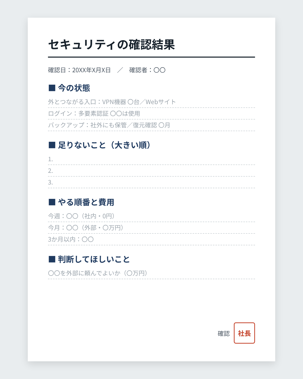 社長に出す1枚のひな形。確認日、今の状態、足りないこと、やる順番と費用、判断してほしいことの5つの欄